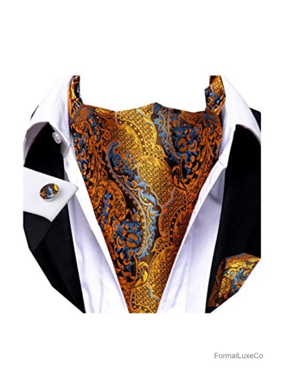 Silk Mix Polyester Mens Ascot Tie Cravat Set with Pocket Square Cufflinks